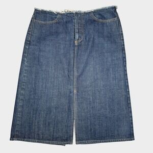 J Crew Denim Skirt Womens 8 Blue Button Fly Frayed Waist Midi Jean Double Slit